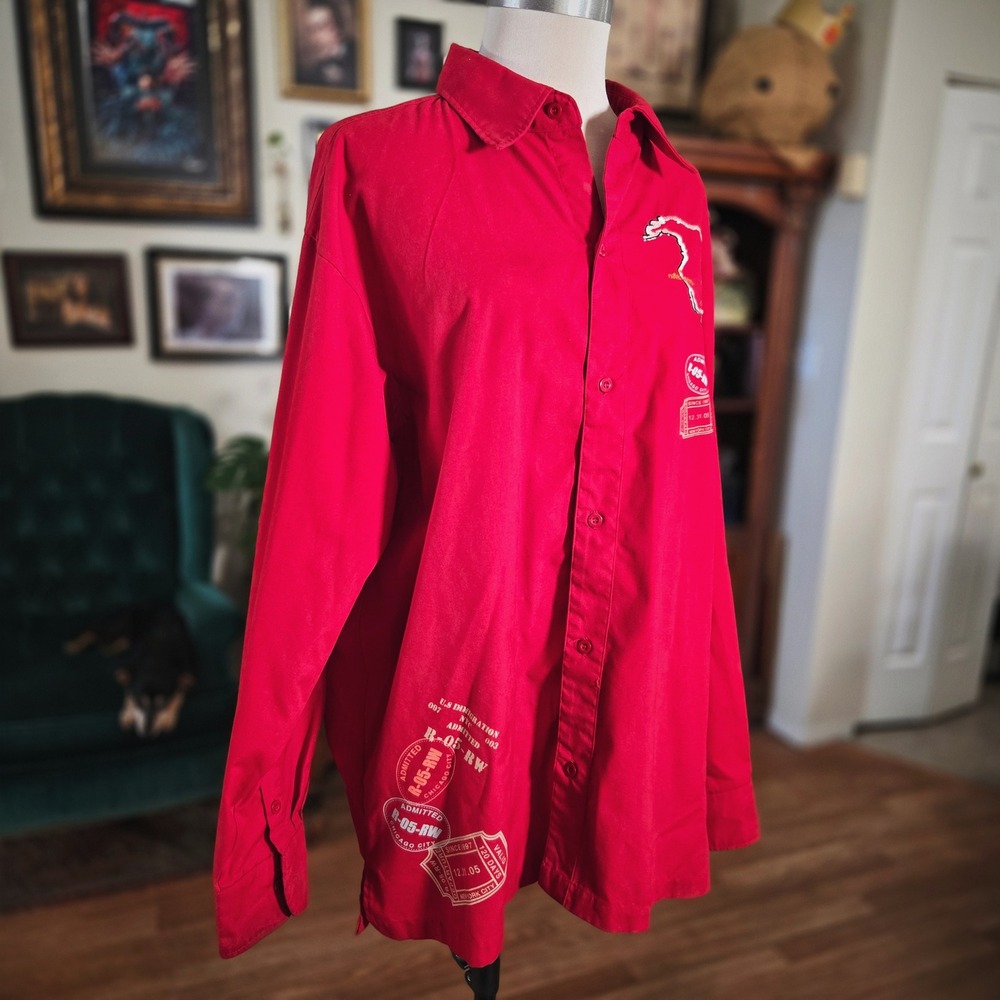 Russo Wear Red Long Sleeve Button Up Shirt Travel Map Graphic Streetwear - Picture 2 of 8